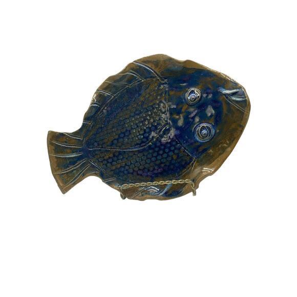 Handmade Studio‎ Ceramic Art Pottery Blue Fish Serving Plate Trinket dish SIGNED - Picture 3 of 9